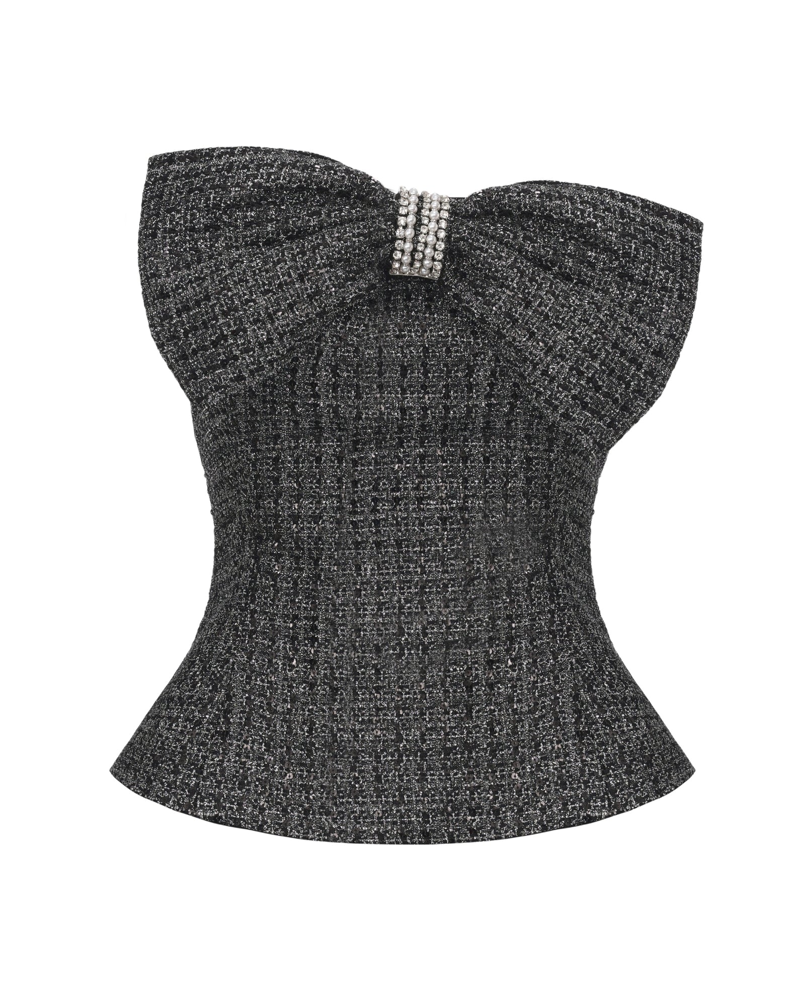 Black and silver textured sleeveless top with a bow detail on a white background