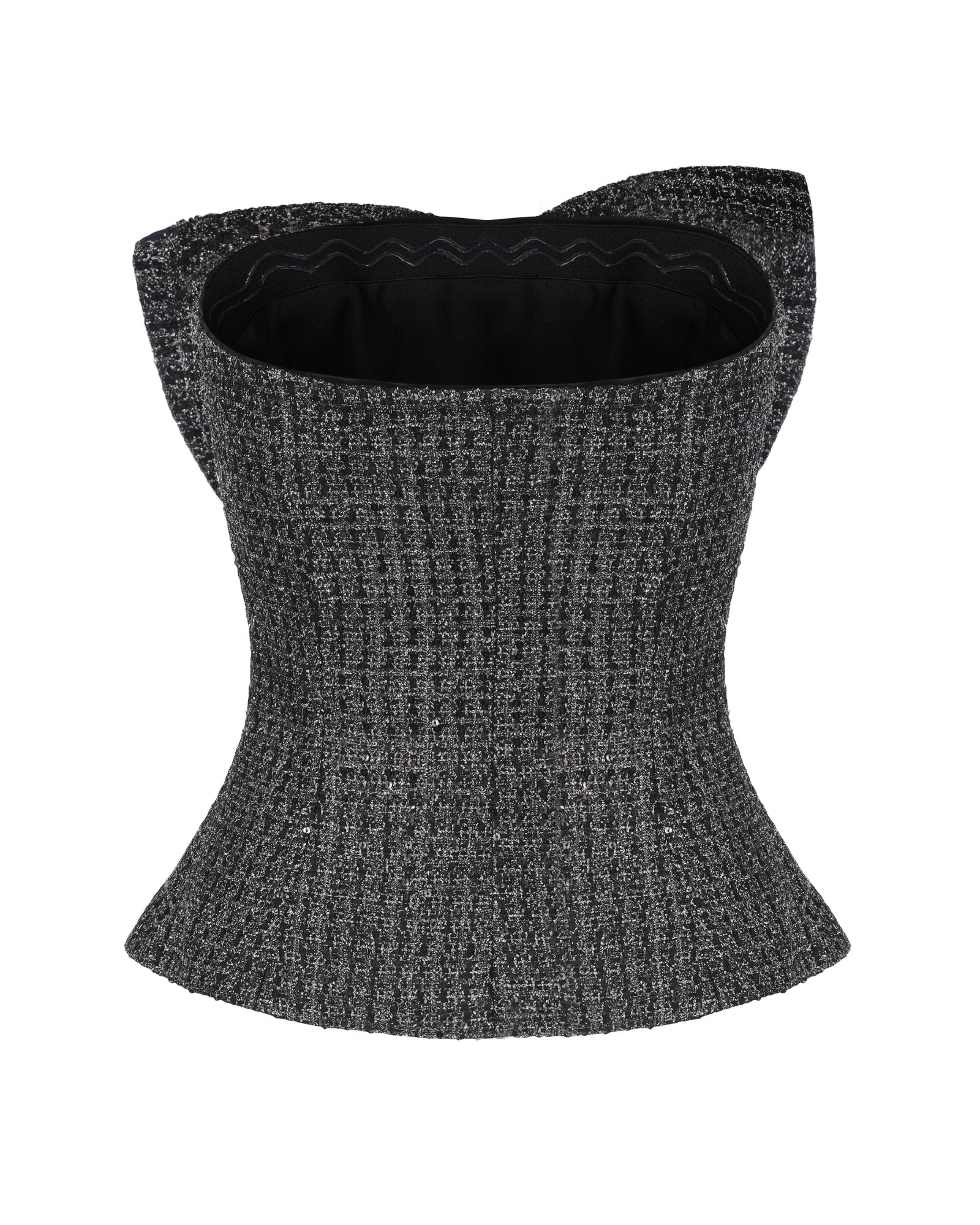 Black and silver textured sleeveless top on a white background
