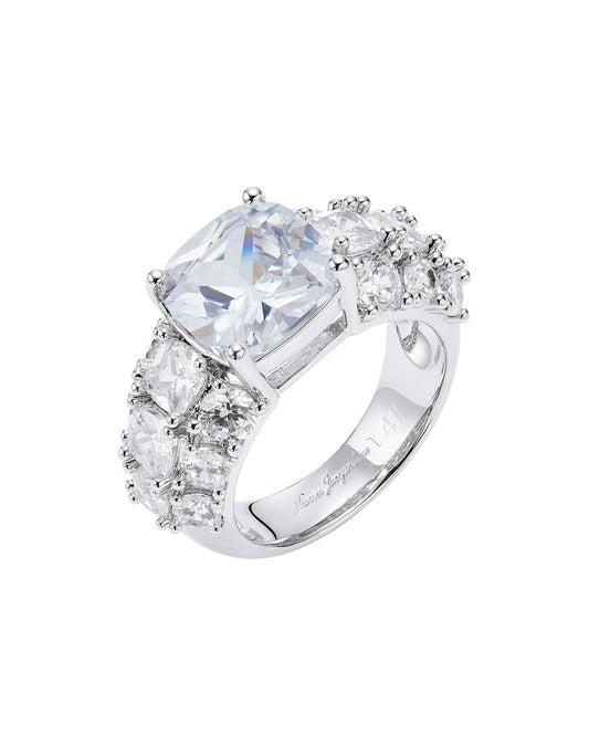 Silver ring with a large central diamond and smaller diamonds on a white background