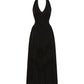Black velvet halter neck maxi dress on a white background