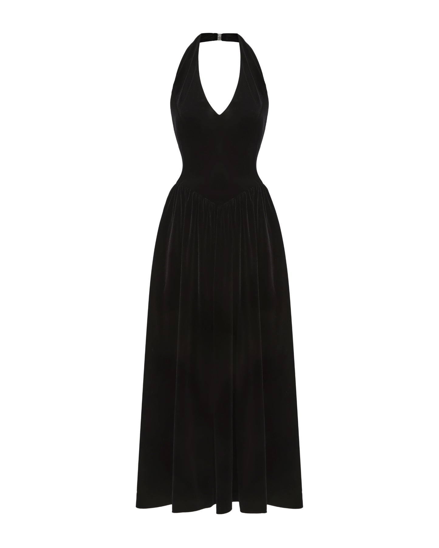 Black velvet halter neck maxi dress on a white background
