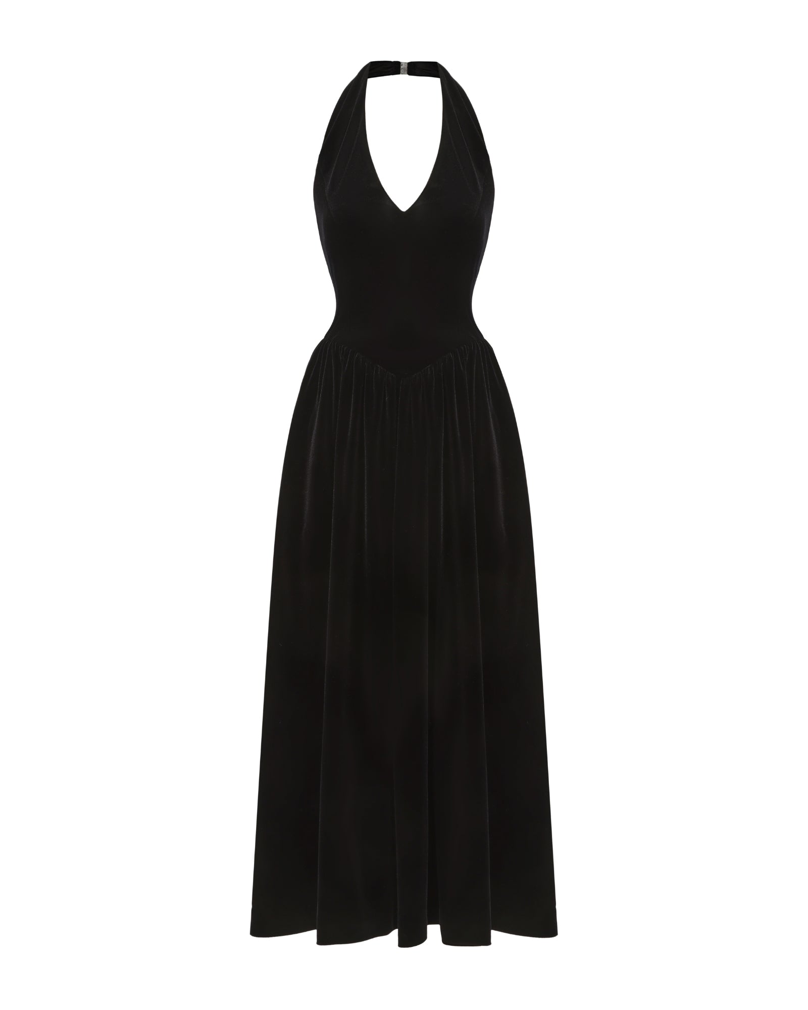 Black velvet halter neck maxi dress on a white background