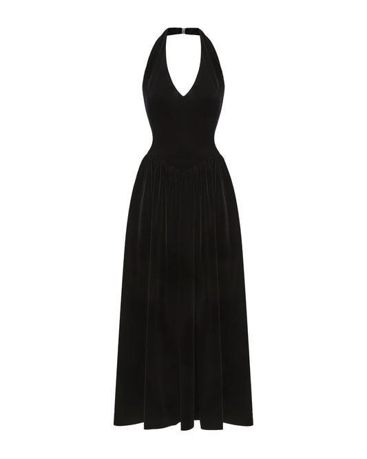 Black velvet halter neck maxi dress on a white background