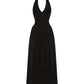 Black velvet halter neck maxi dress on a white background
