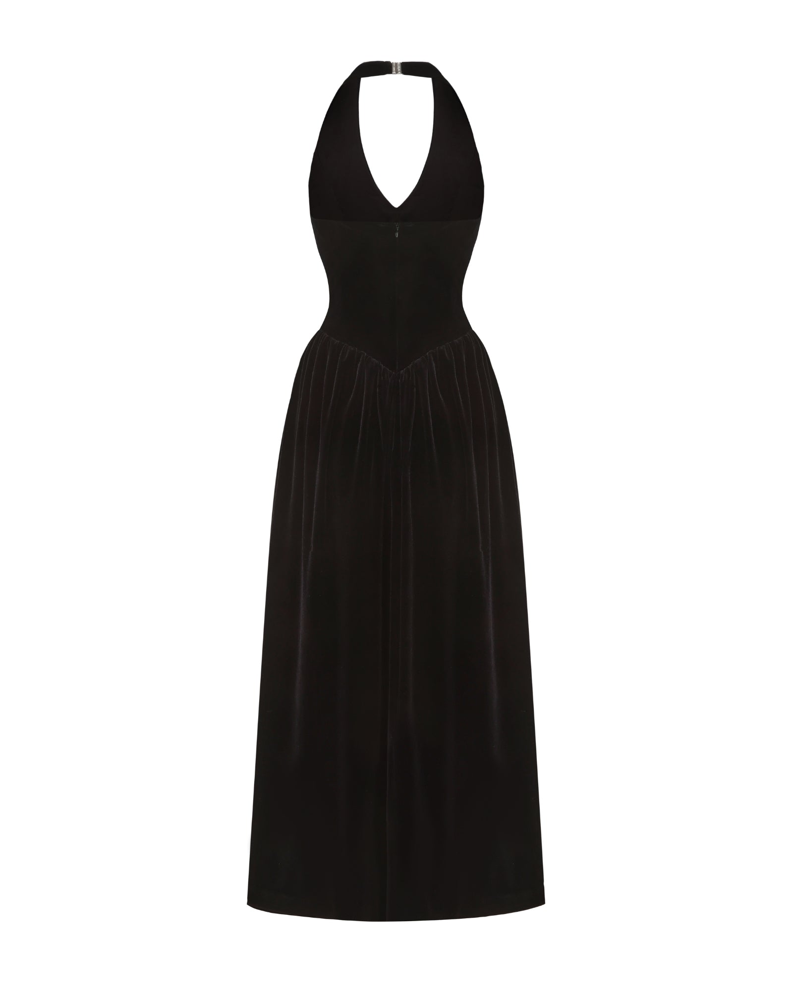Black velvet halter neck maxi dress on a white background