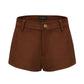 Brown suede shorts with a golden button on a white background