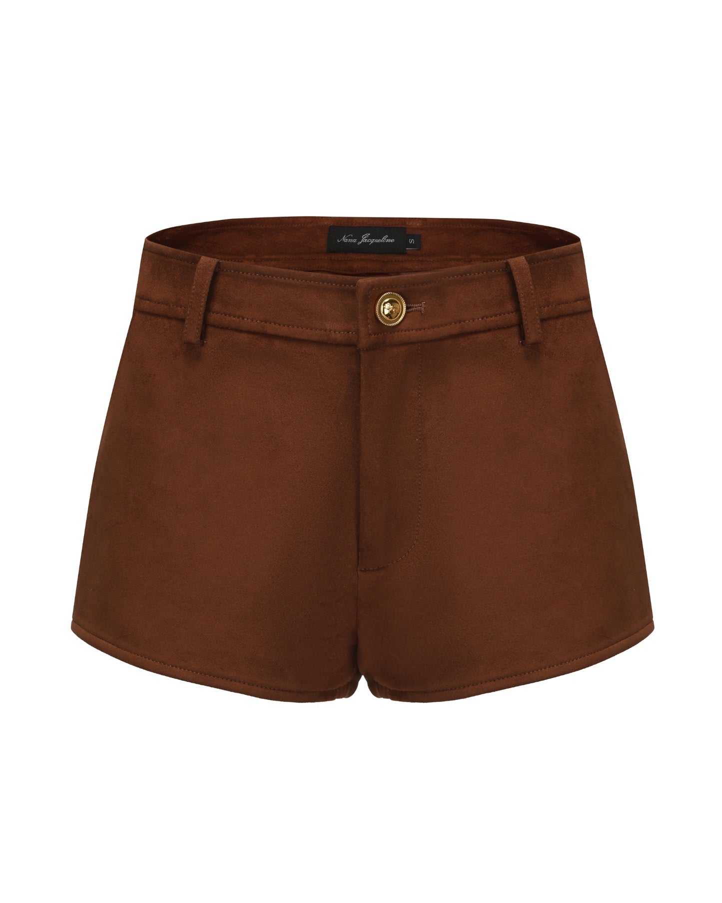 Brown suede shorts with a golden button on a white background