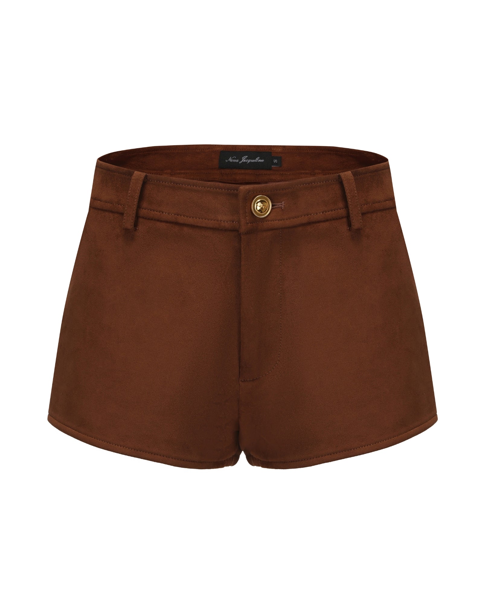 Brown suede shorts with a golden button on a white background