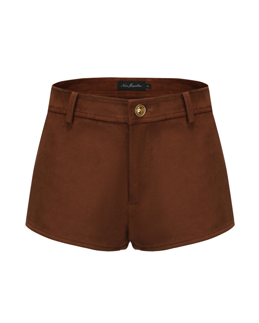 Brown suede shorts with a golden button on a white background