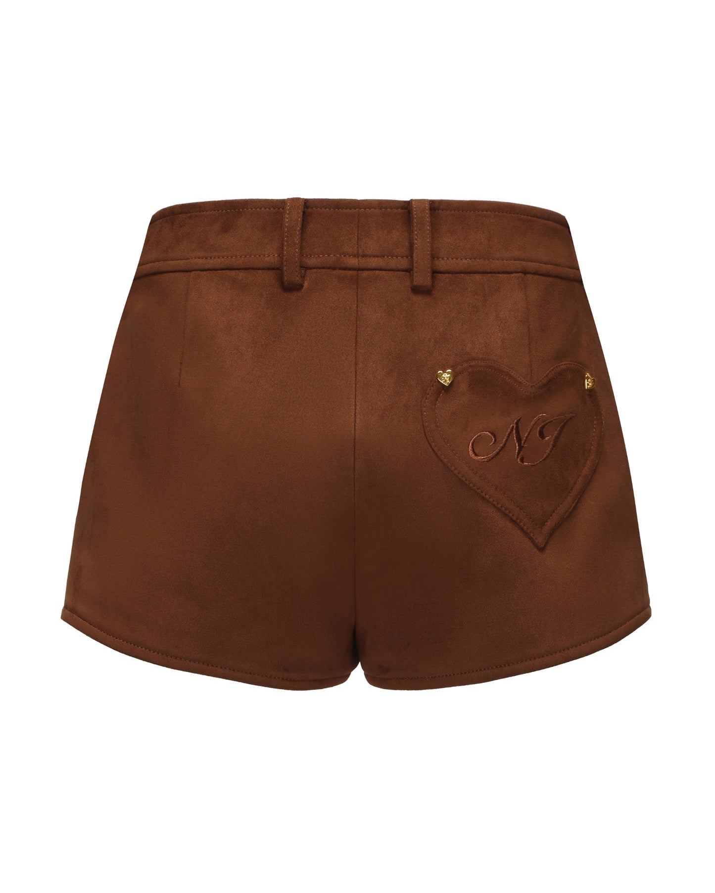 Brown suede shorts with a heart-shaped pocket on a white background