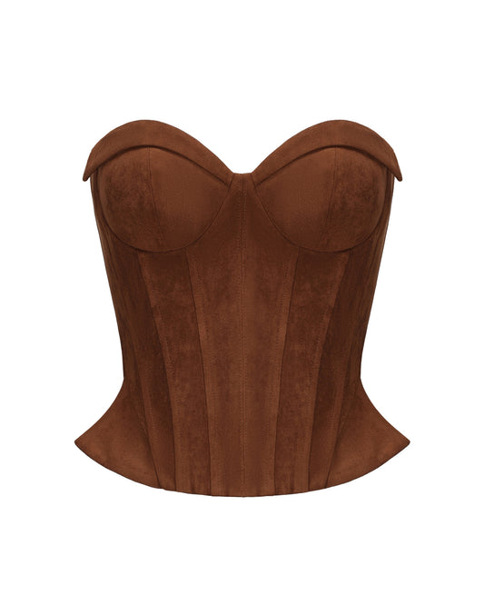 Brown suede corset on a white background
