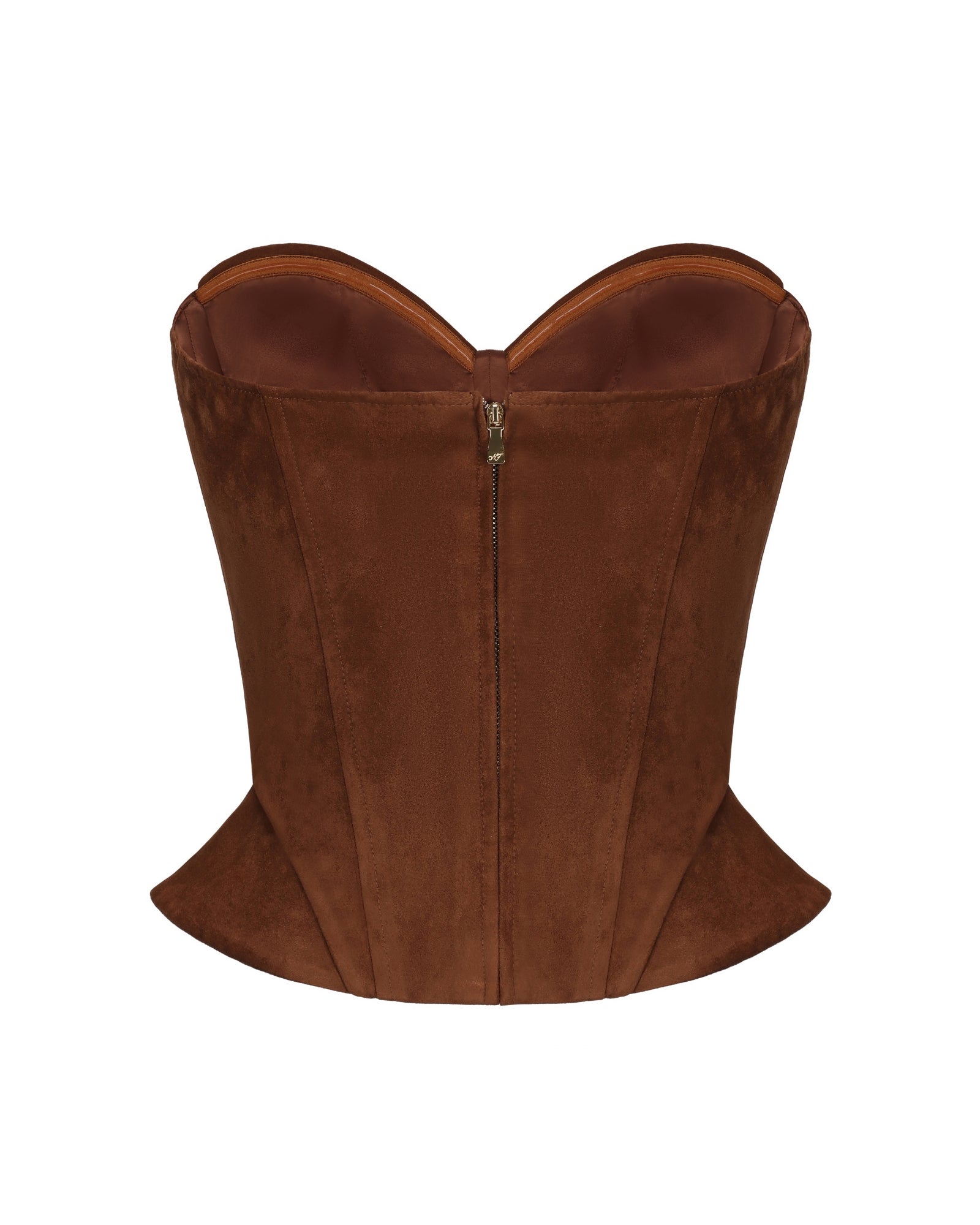 Brown suede corset on a white background