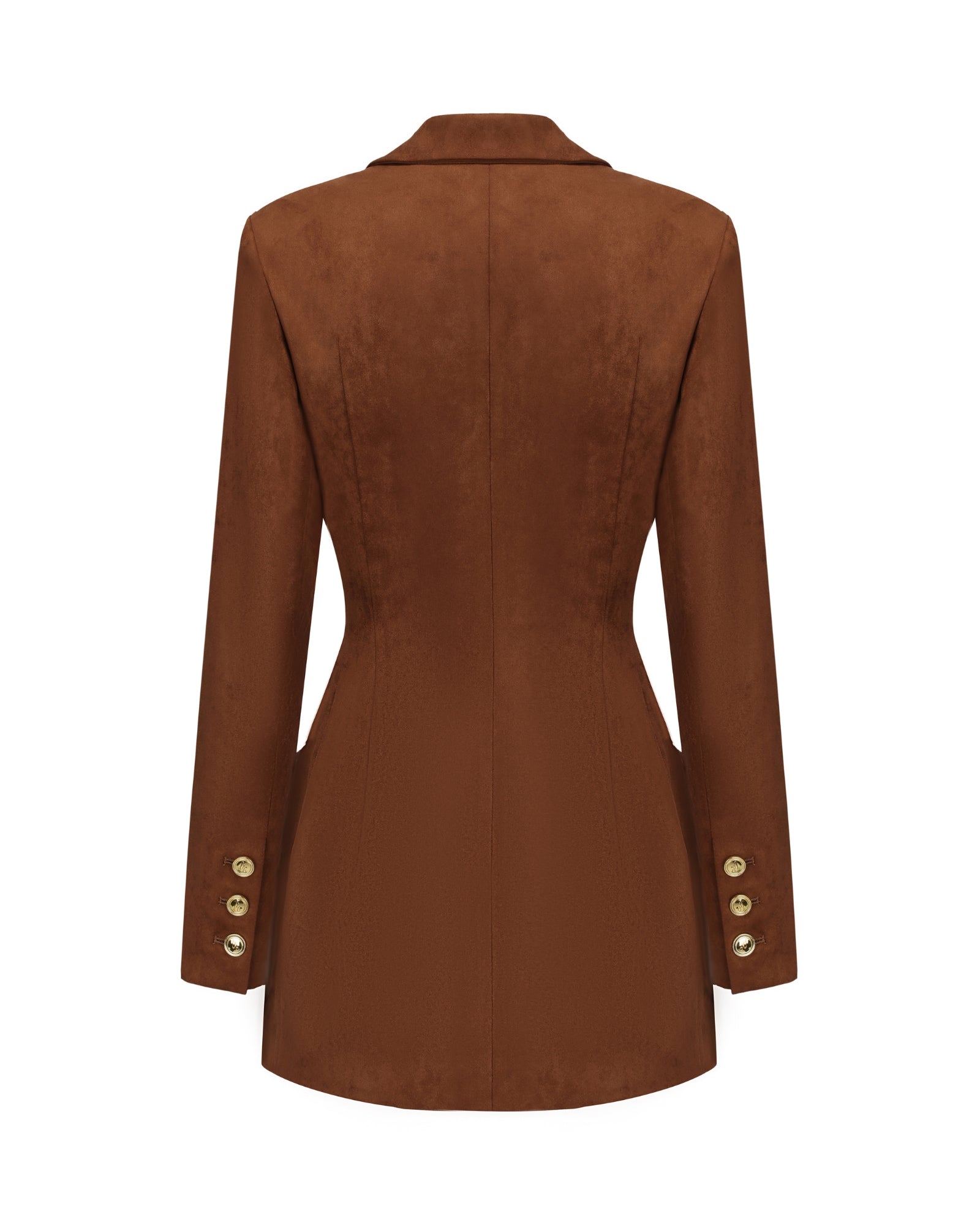 Brown suede jacket with gold buttons on a white background