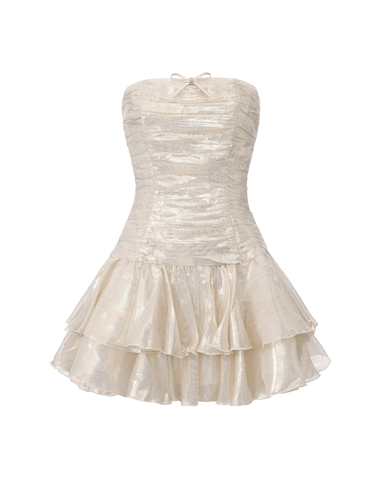 Gold shimmery strapless mini dress with layered skirt on a white background
