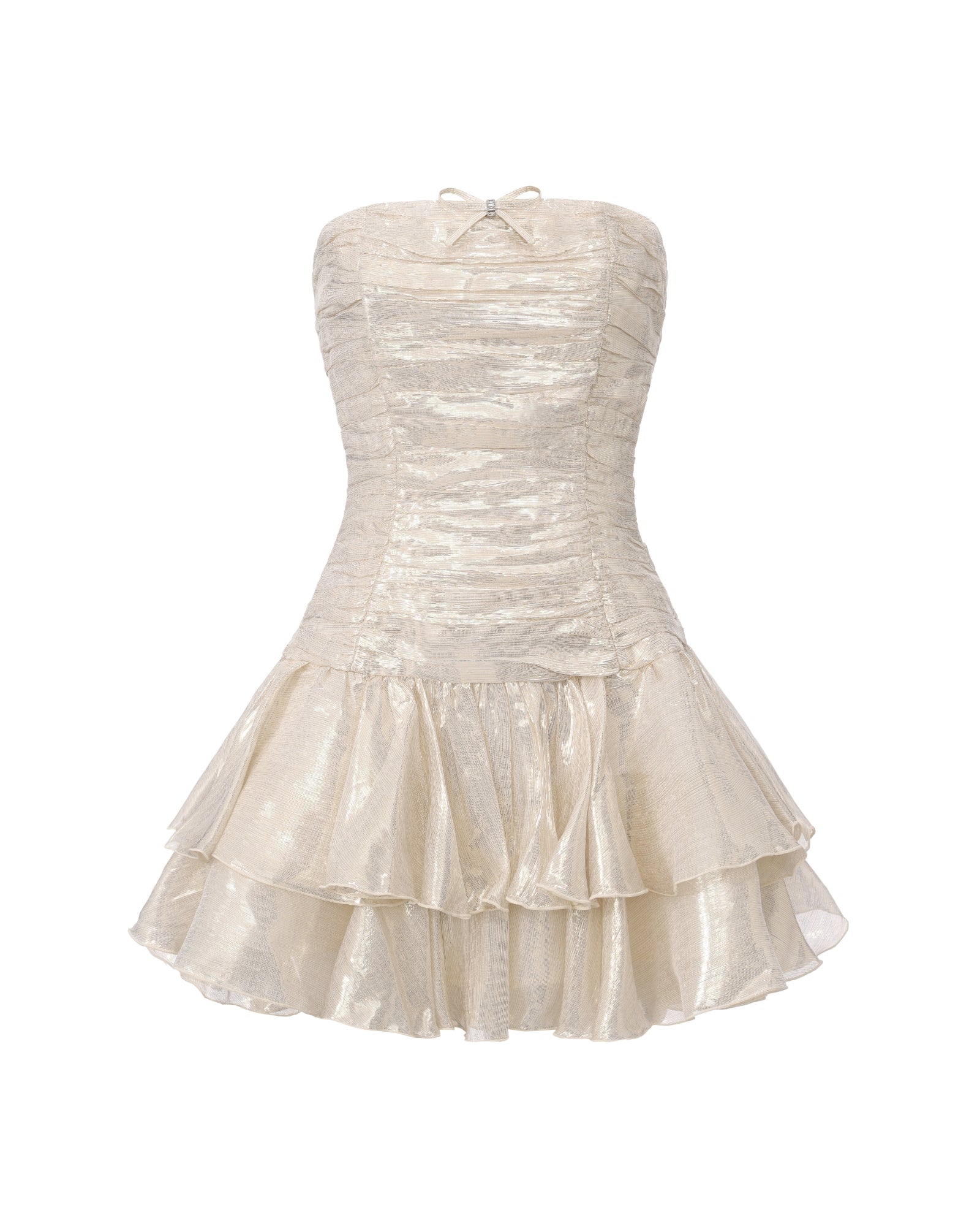 Gold shimmery strapless mini dress with layered skirt on a white background