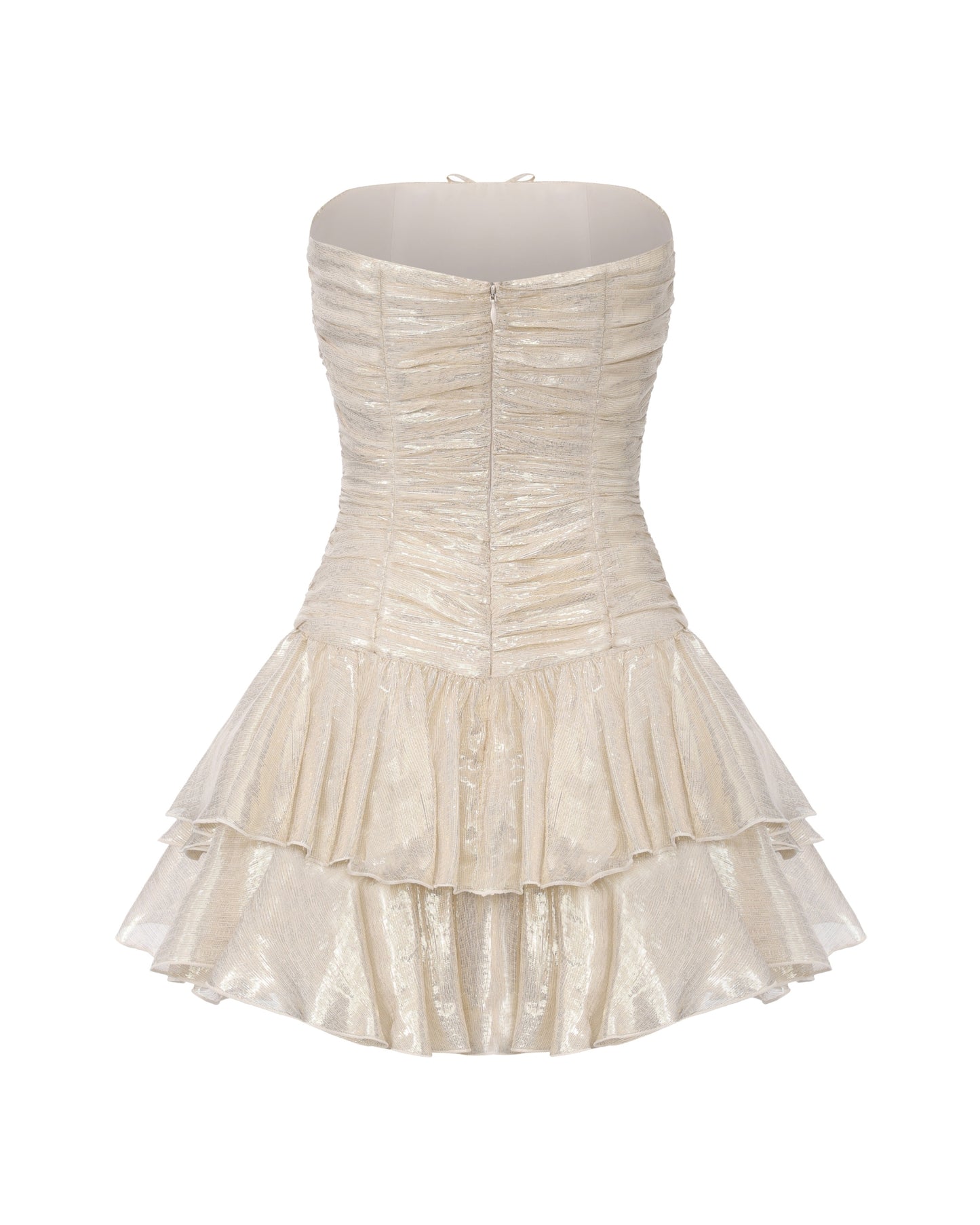 Gold strapless dress with ruffled layers on a white background
