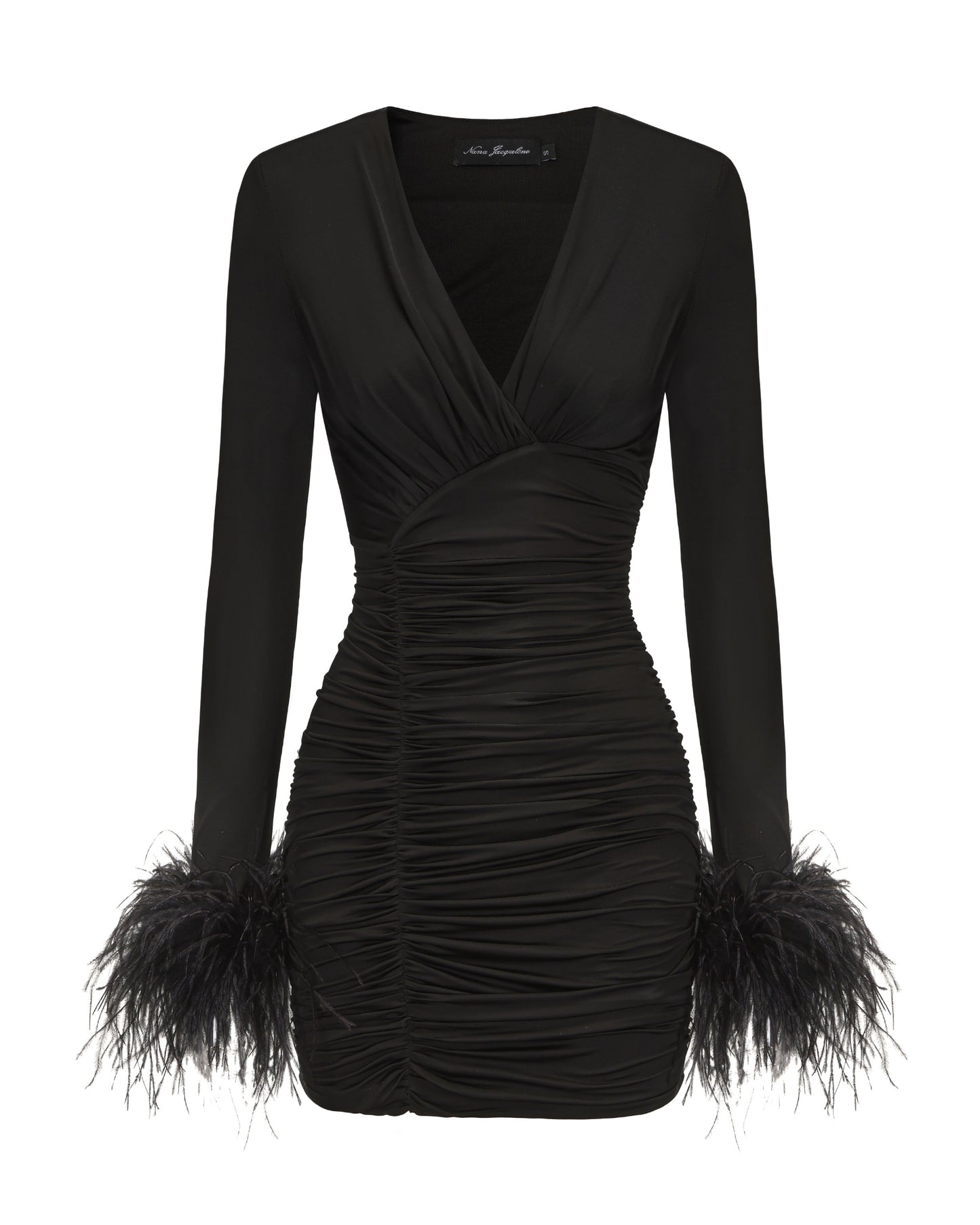 Black dress with feathered cuffs on a white background