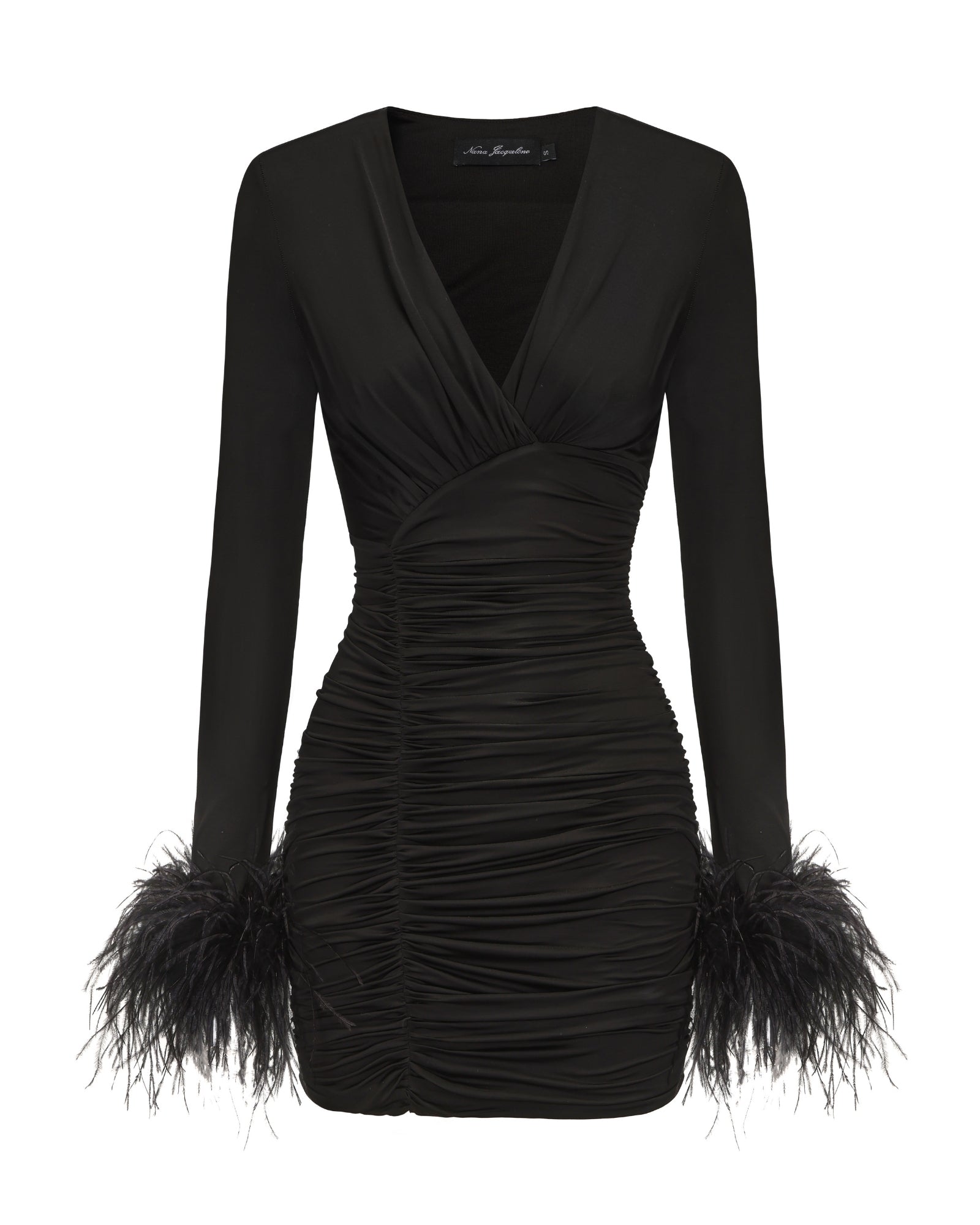 Black dress with feathered cuffs on a white background