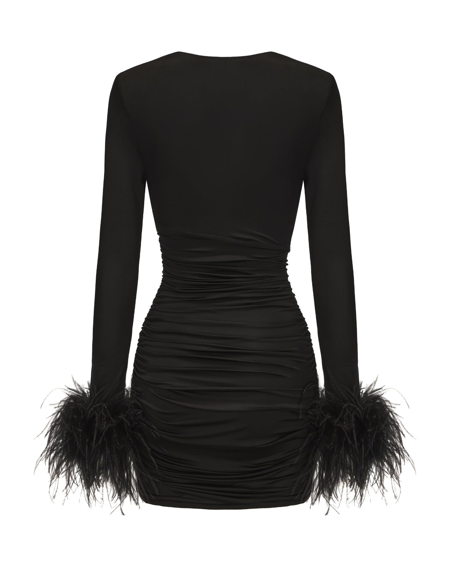 Black dress with feather details on a white background