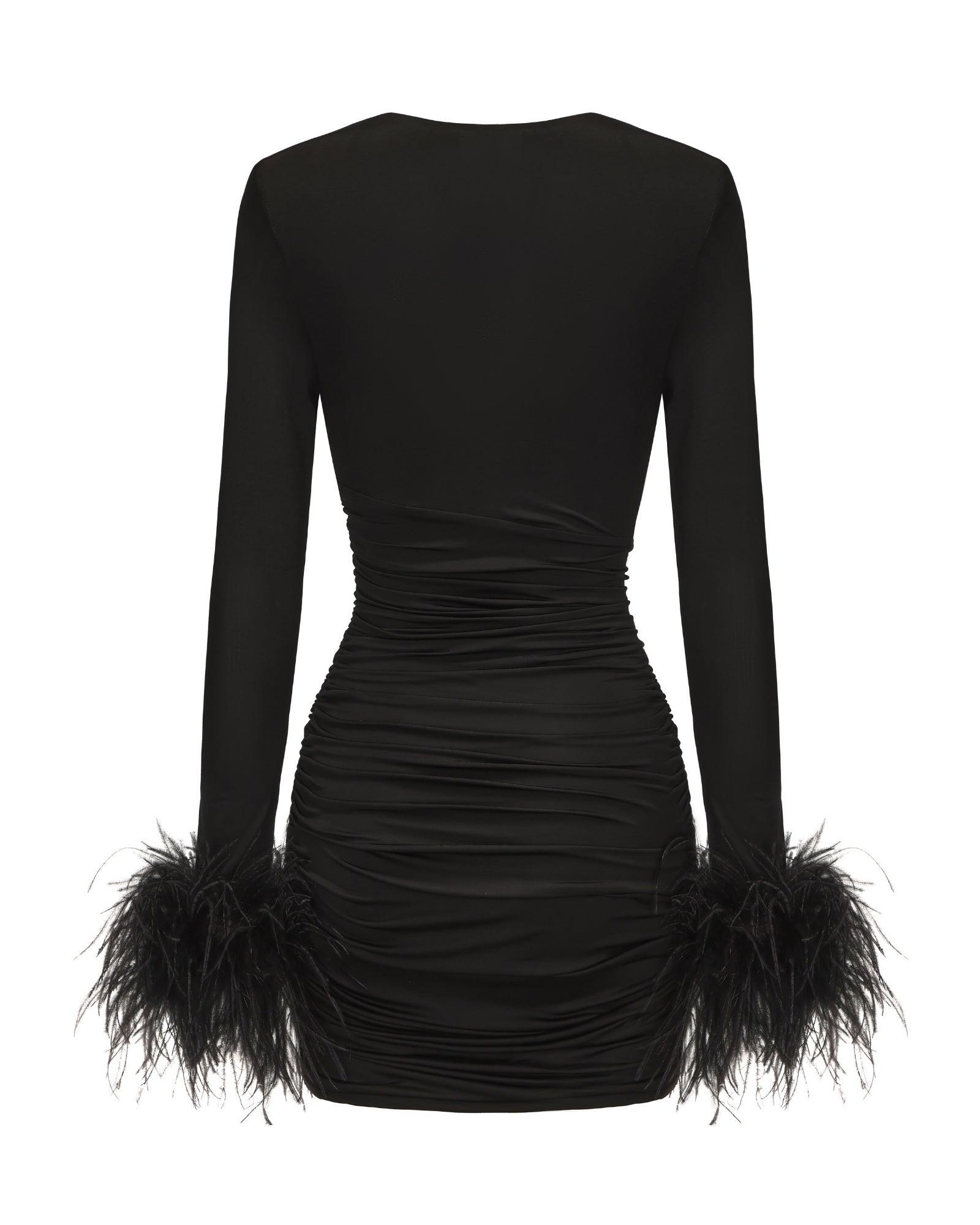 Black dress with feather details on a white background