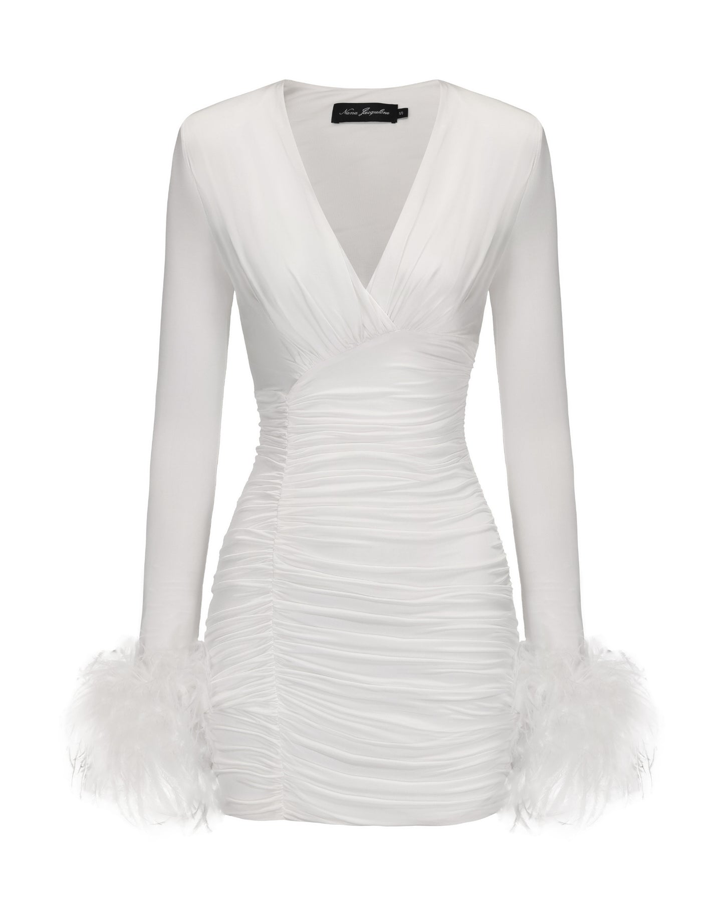 White dress with feathered hem on a white background