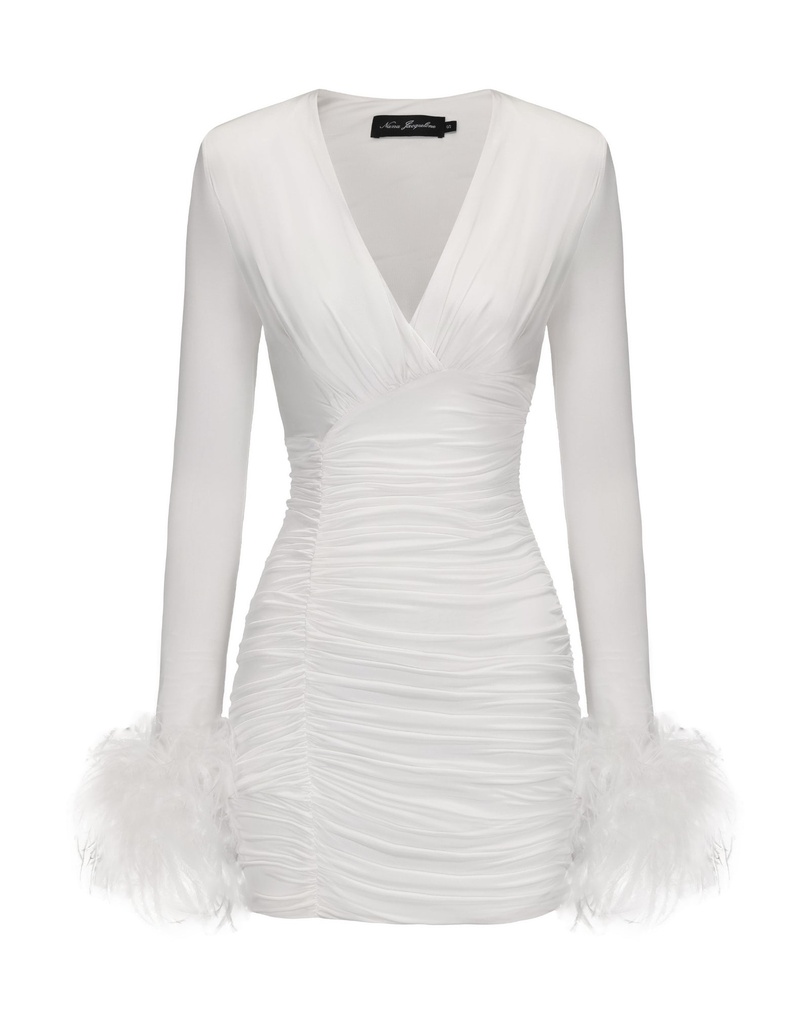White dress with feathered hem on a white background