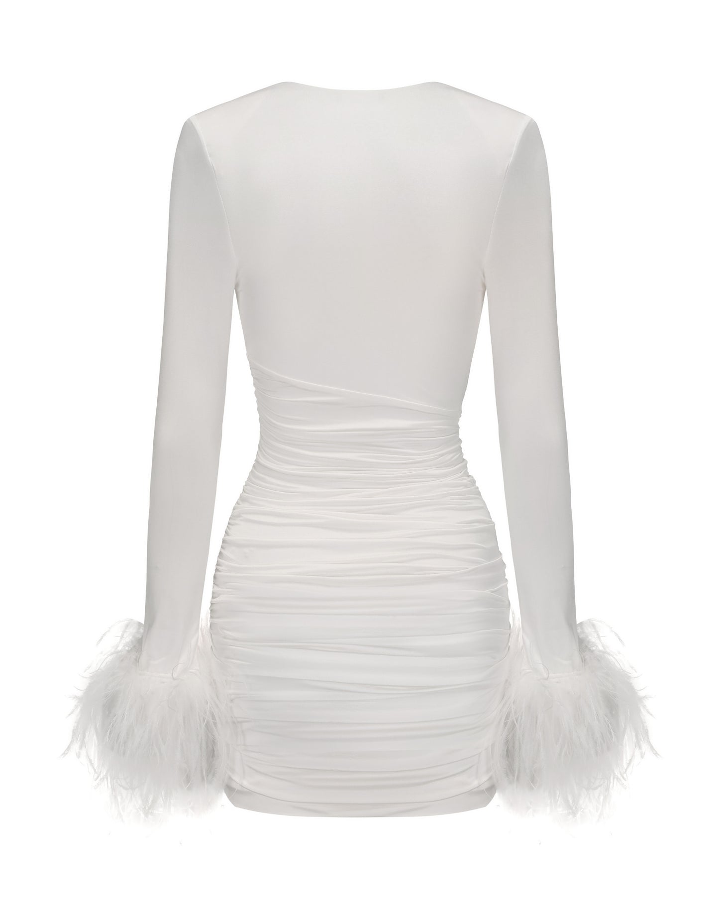 White dress with long sleeves and feathered cuffs on a white background