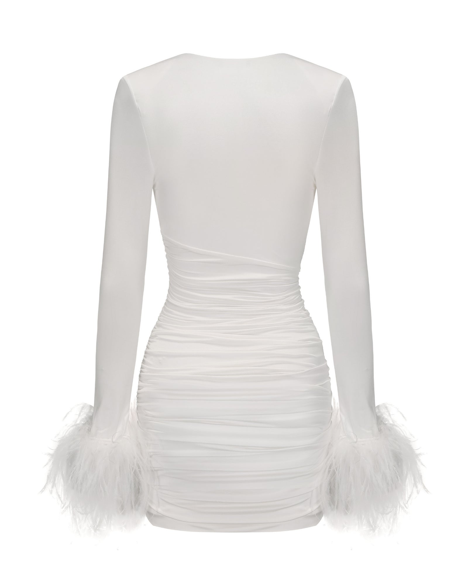 White dress with long sleeves and feathered cuffs on a white background
