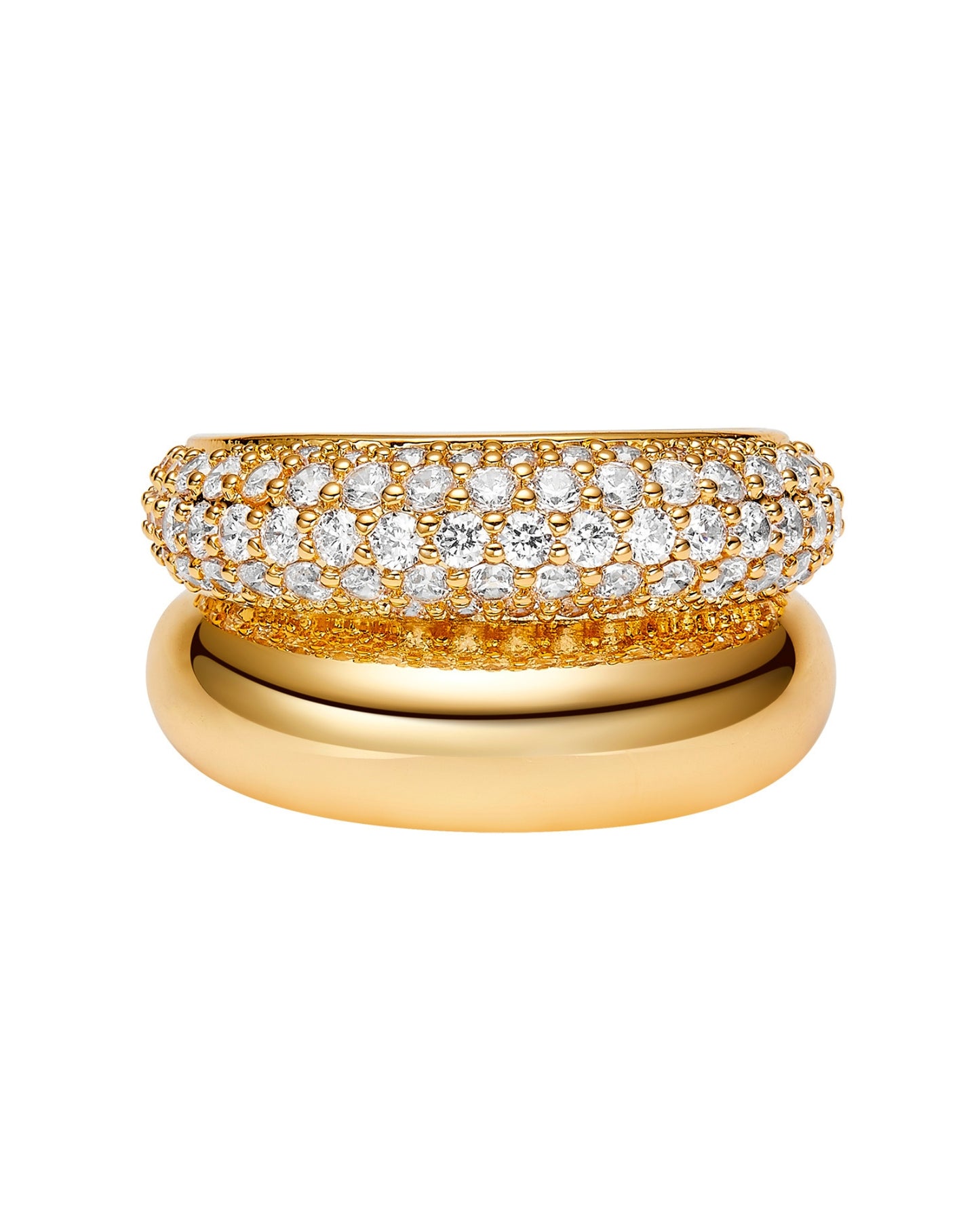 Two in one gold ring with diamond accents on a white background