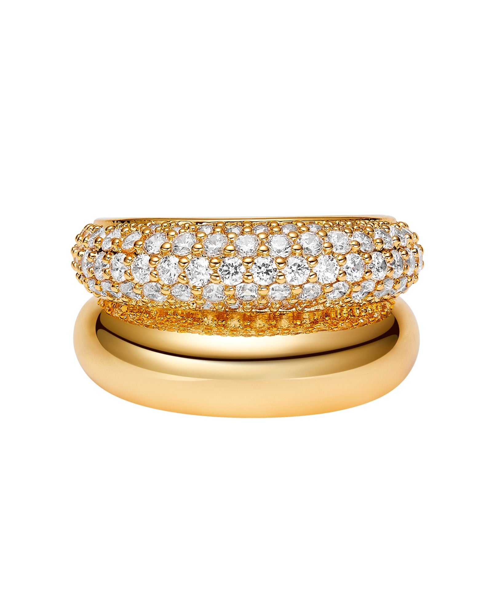 Two in one gold ring with diamond accents on a white background