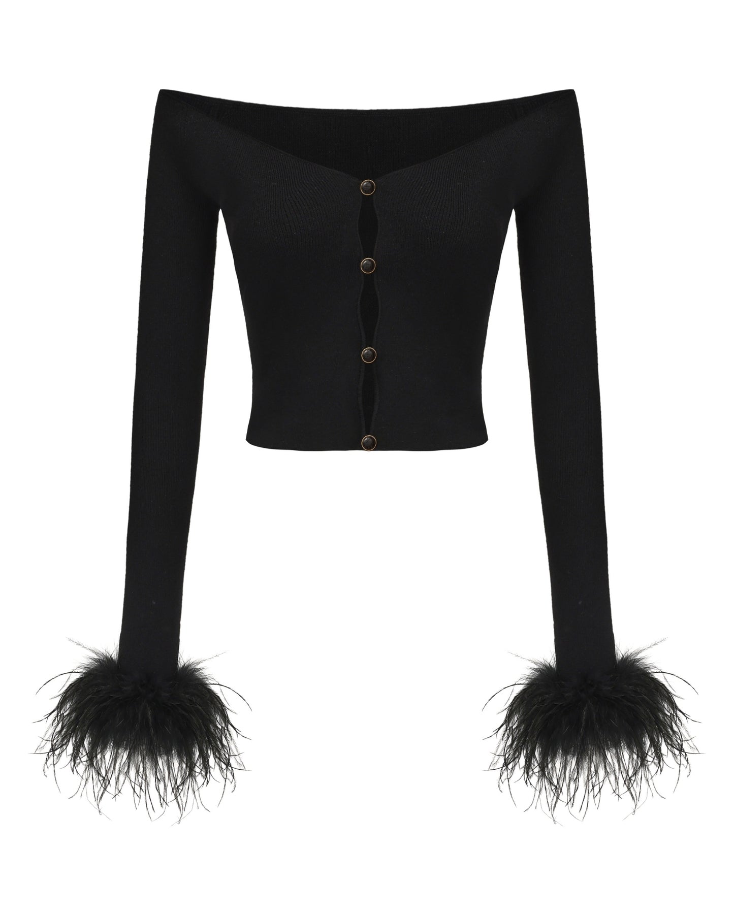 Black long-sleeve top with feathered cuffs on a white background