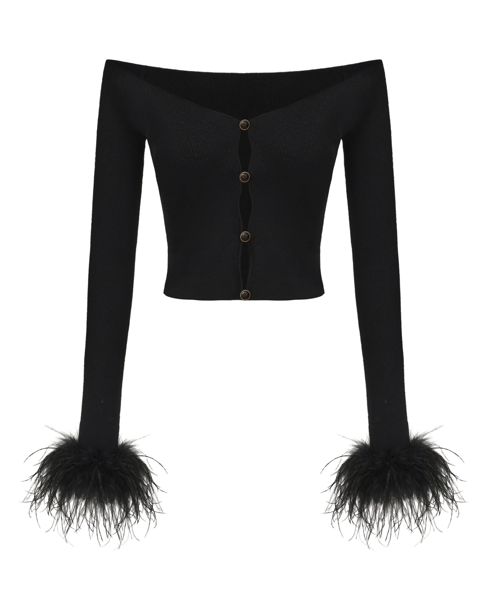Black long-sleeve top with feathered cuffs on a white background