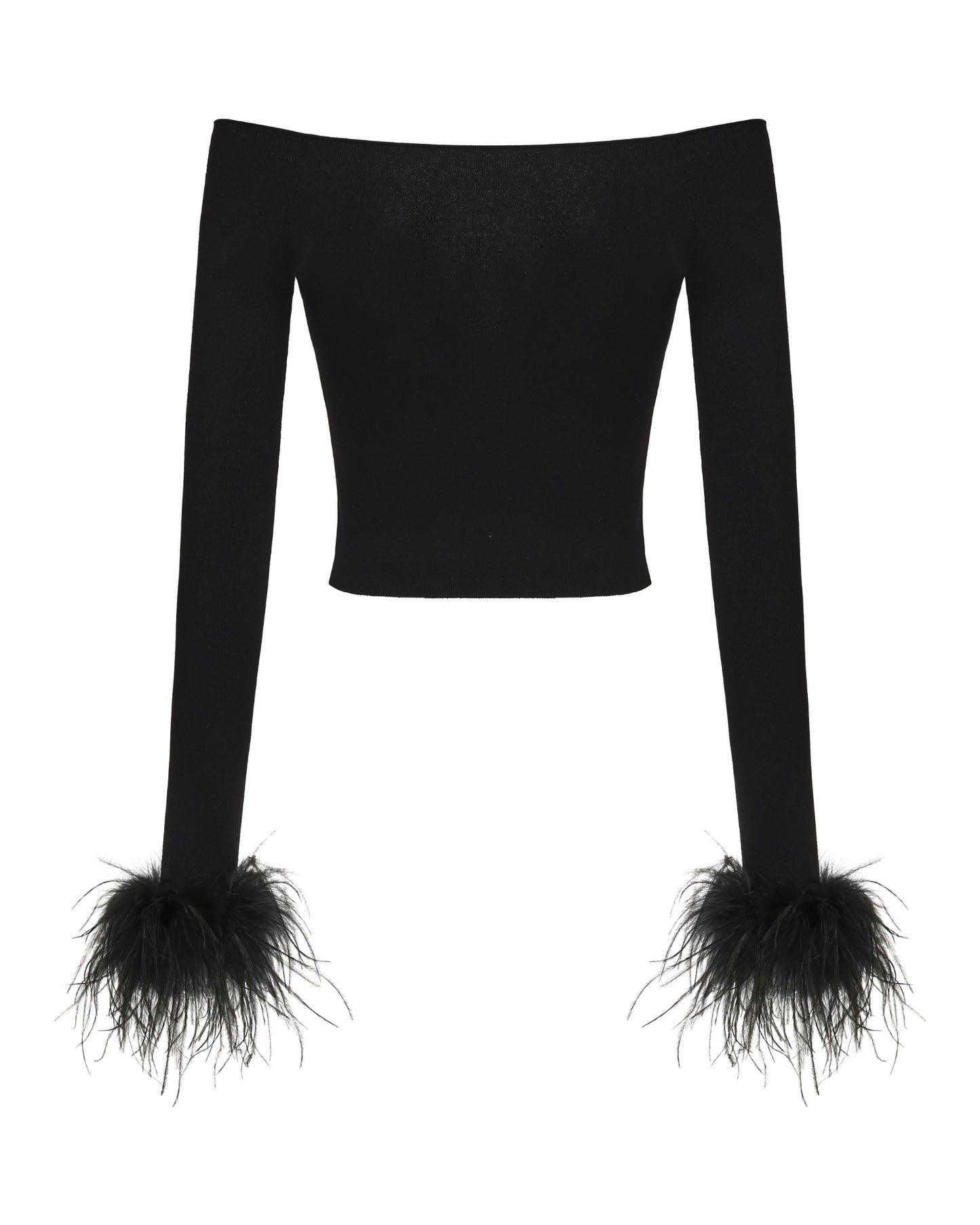 Black off-shoulder top with feathered cuffs on a white background