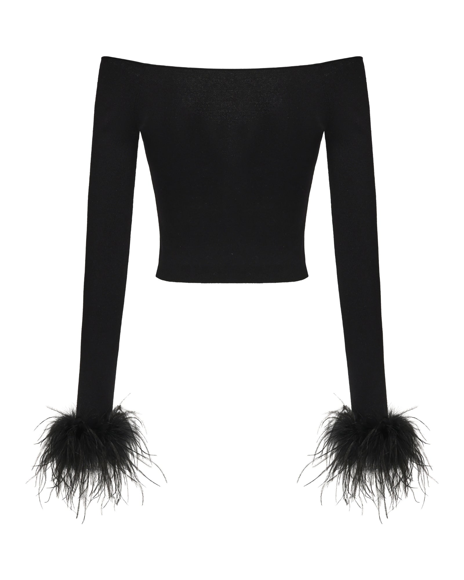 Black off-shoulder top with feathered cuffs on a white background