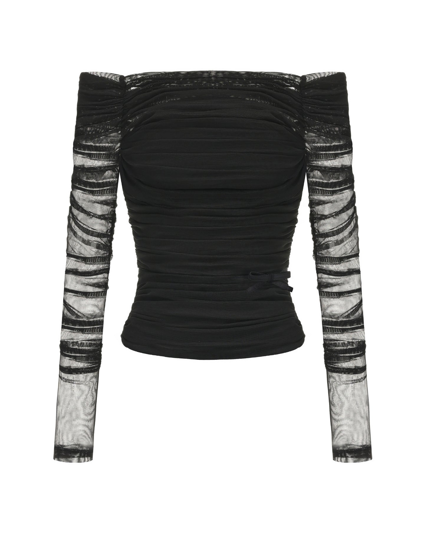 Black off-shoulder top with sheer sleeves on a white background