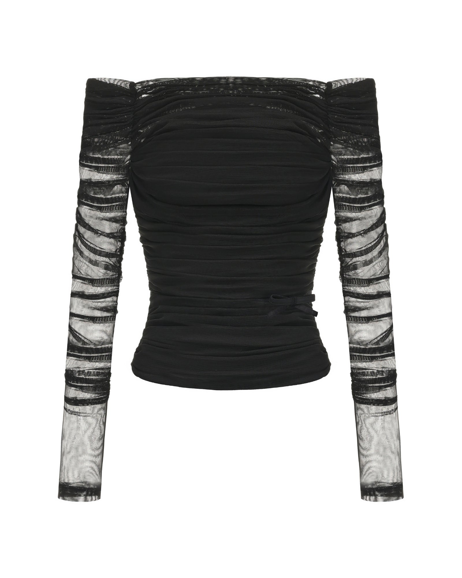 Black off-shoulder top with sheer sleeves on a white background