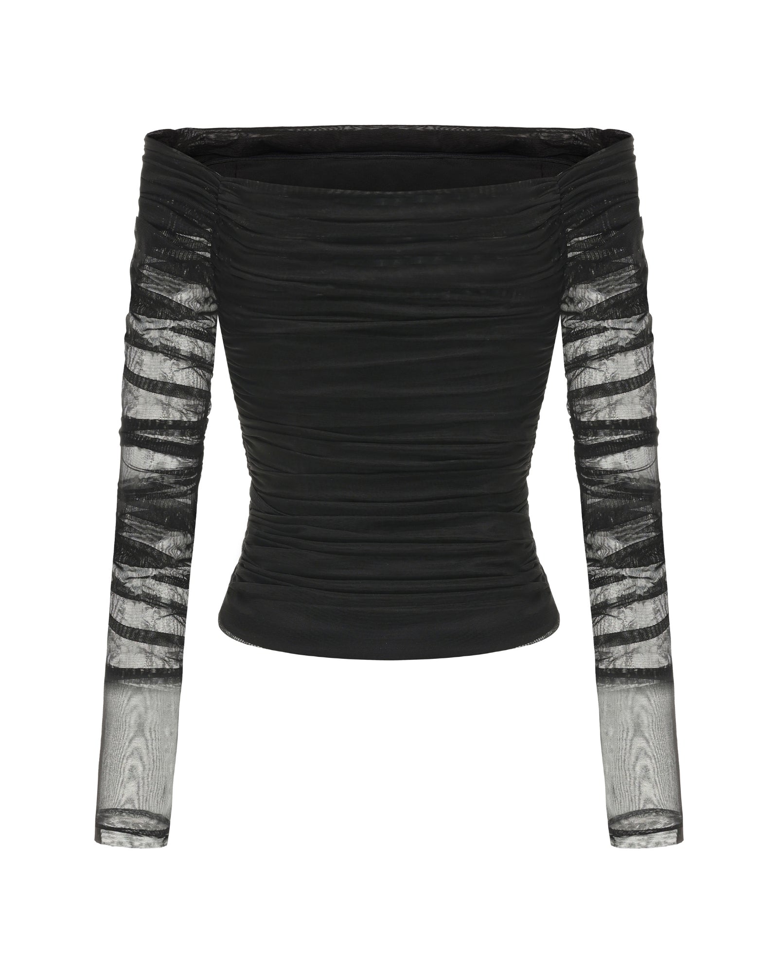 Black top with sheer sleeves on a white background
