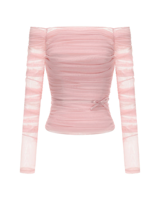 Pink ruched top on a white background