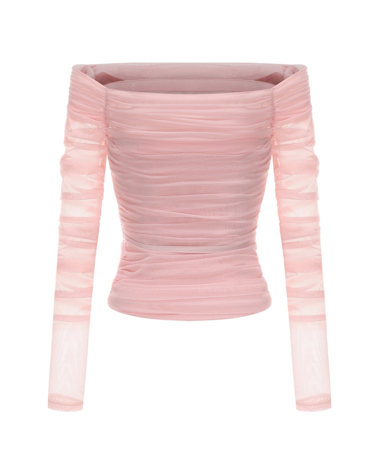 Pink ribbed long-sleeve top on a white background