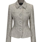 Gray textured blazer with decorative buttons on a white background