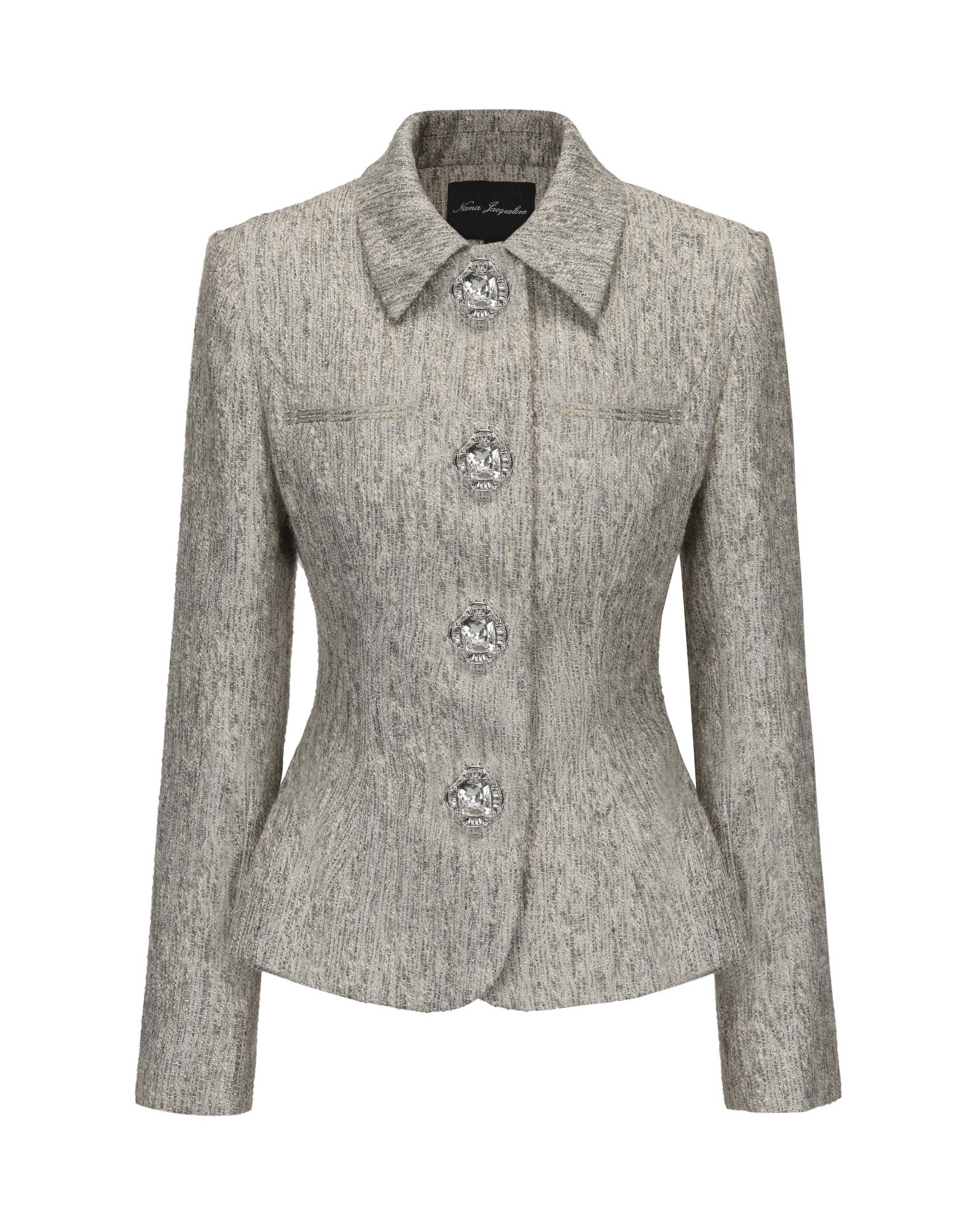 Gray textured blazer with decorative buttons on a white background