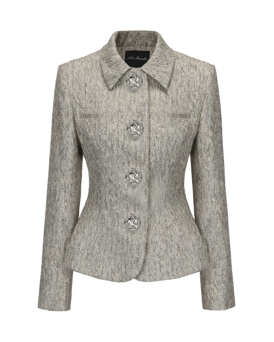 Gray textured blazer with decorative buttons on a white background