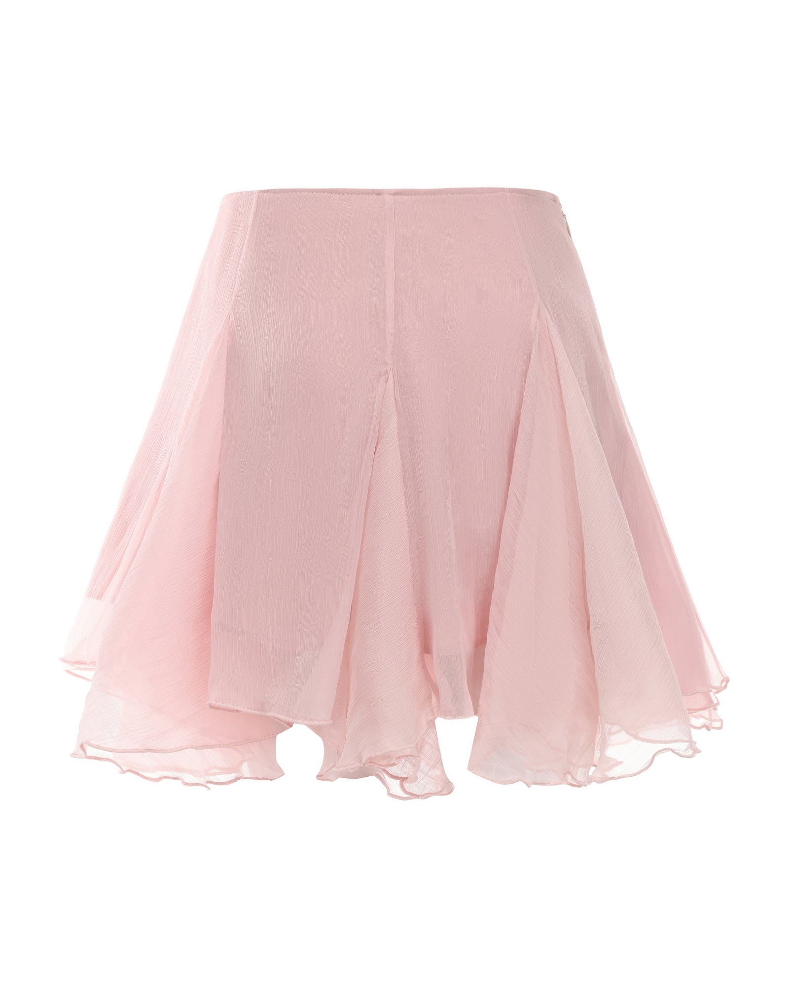 Pink chiffon mini skirt on a white background