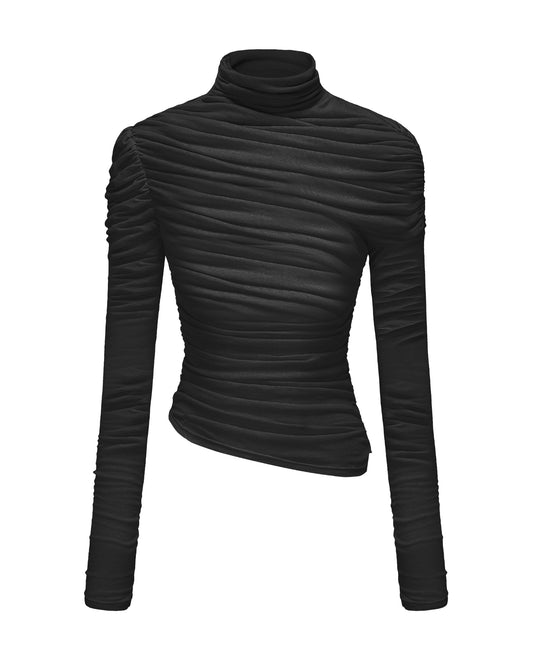 Black ribbed turtleneck women top on a white background