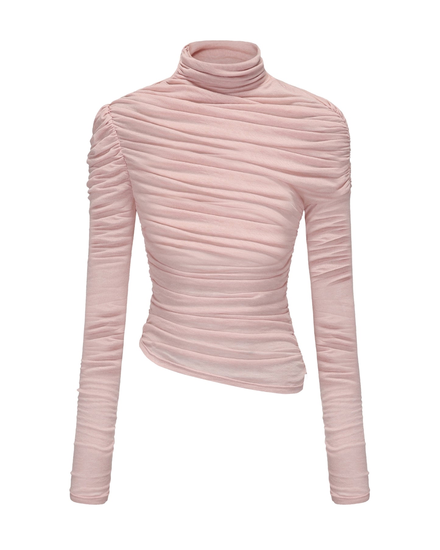 Pink ribbed turtleneck top on a white background