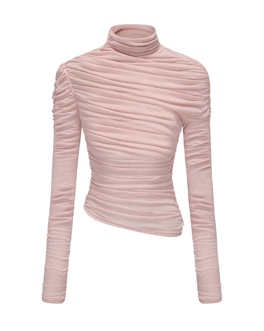 Pink ribbed turtleneck top on a white background