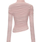 Pink ruched long-sleeve top on a white background
