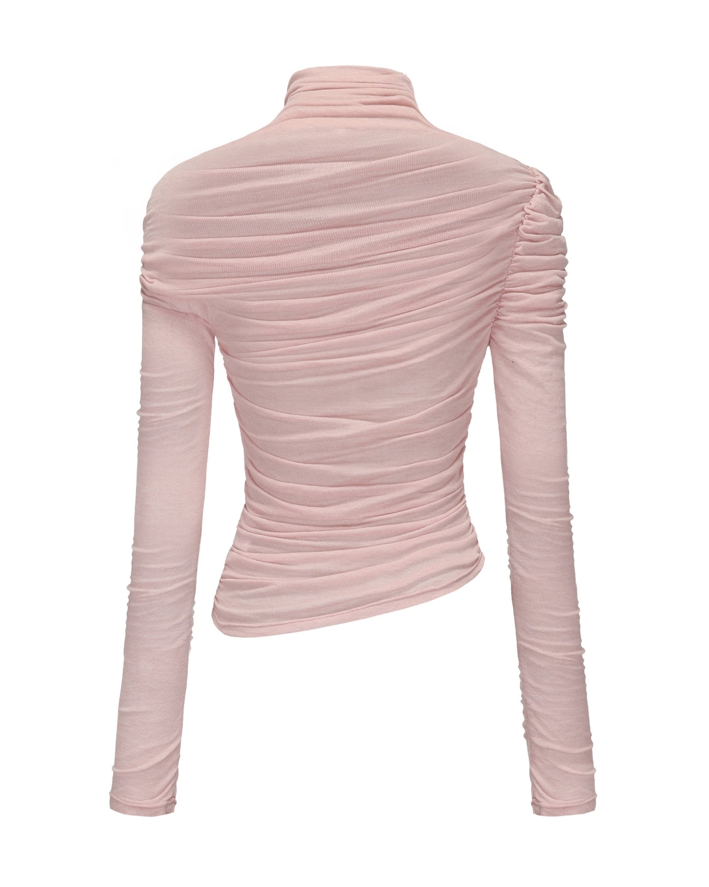 Pink ruched long-sleeve top on a white background