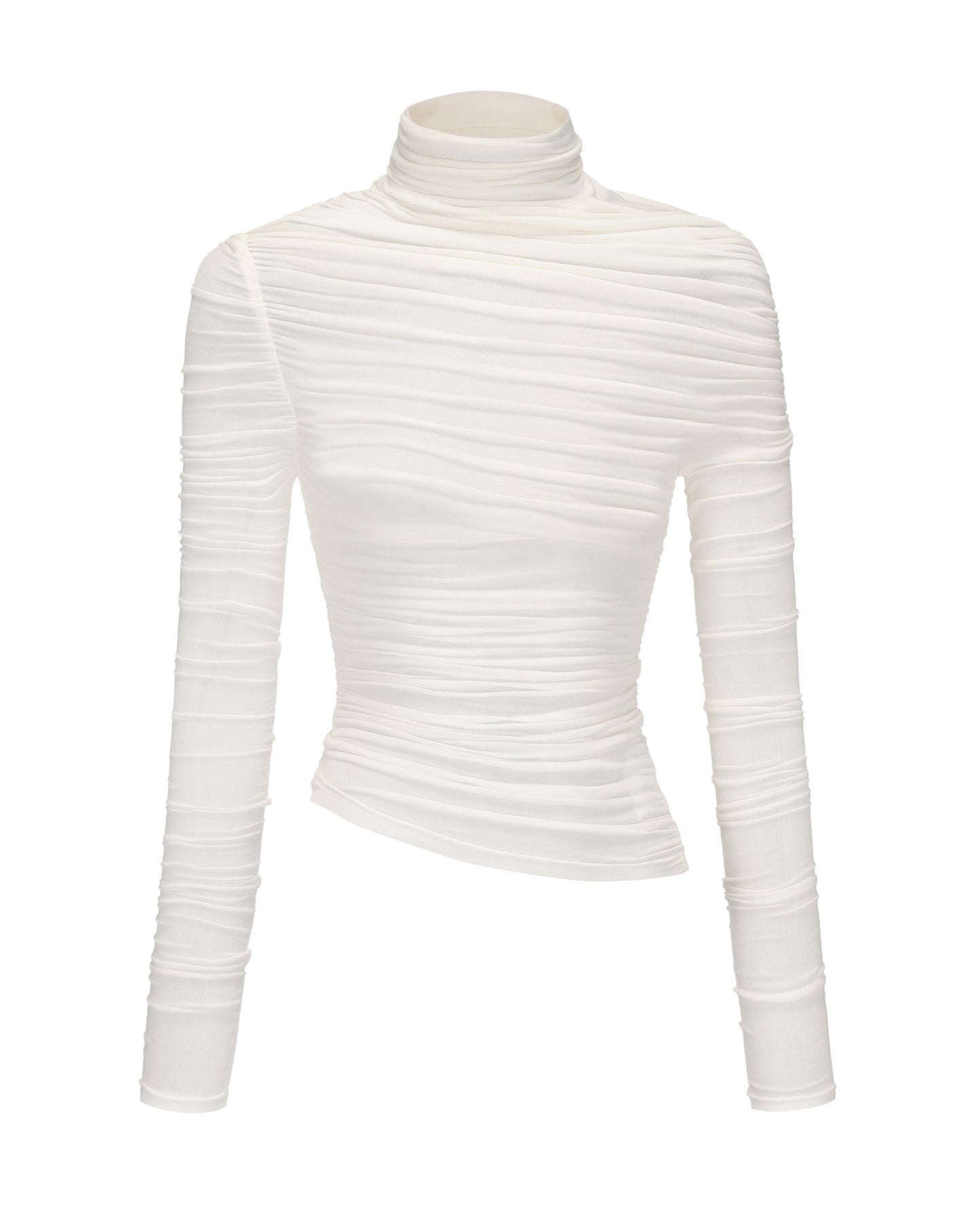 White ribbed turtleneck top for women on a white background