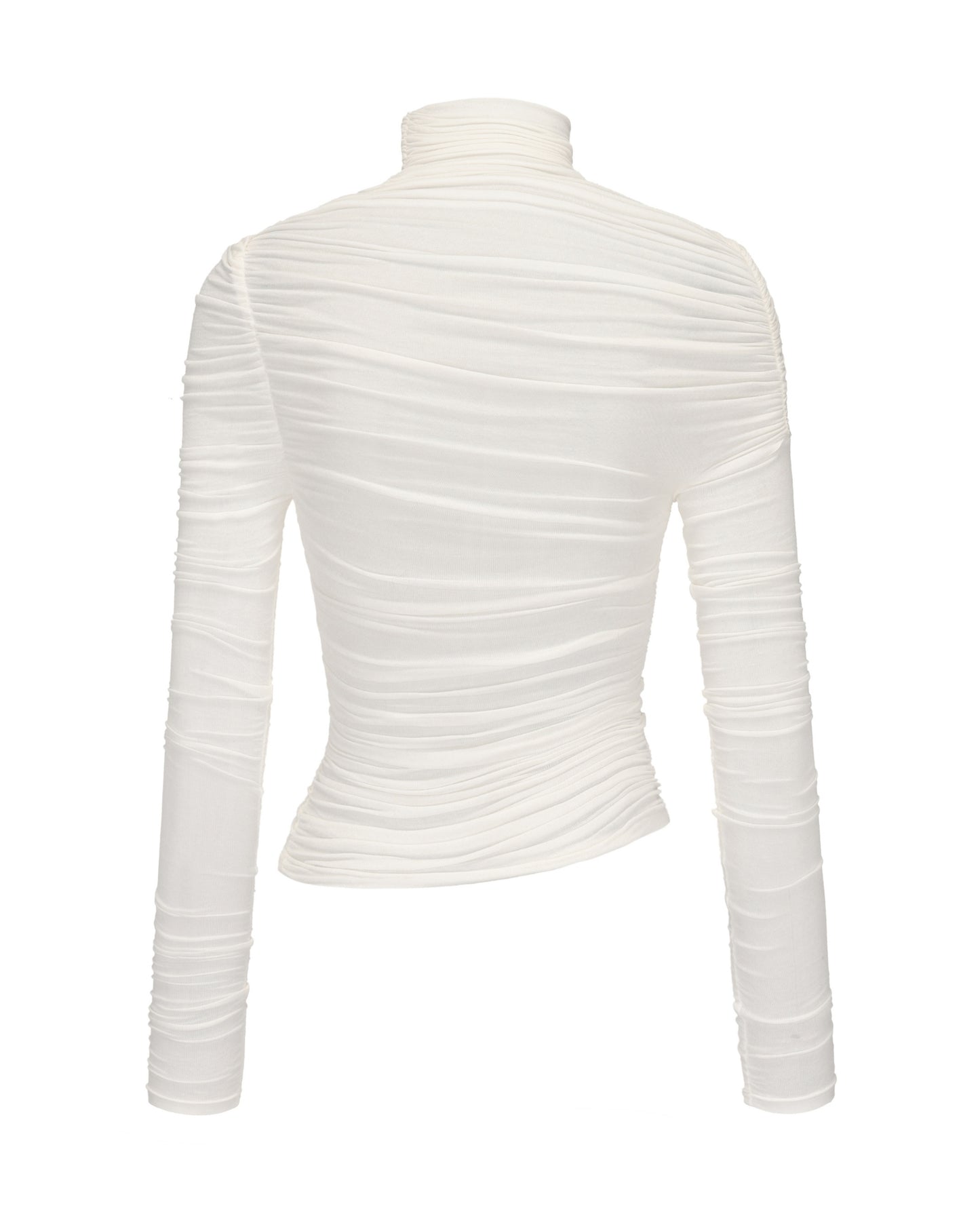 White ribbed turtleneck long sleeve top on a white background
